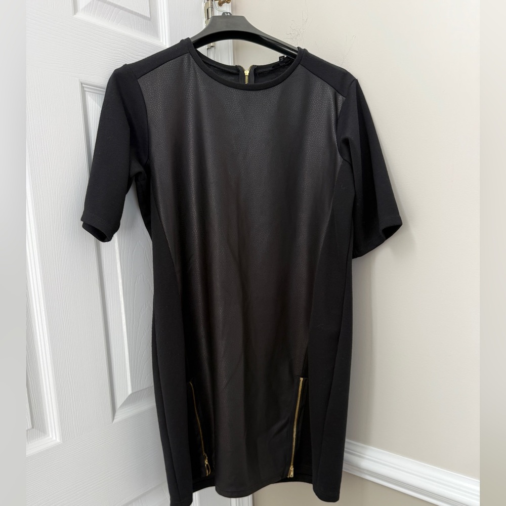 River Island Black Dress with Gold Detail - faux leather pattern - NWOT